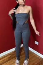 Grey Fashion Casual Adult Cotton Solid Backless Strapless Sleeveless Off The Shoulder Short Two Pieces