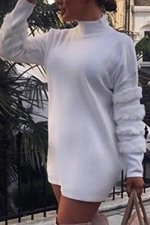 White Casual Solid Split Joint O Neck Wrapped Skirt Dresses