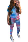 Sky Blue Polyester Fashion Casual adult Patchwork Print Tie Dye Two Piece Suits pencil Short Sleeve Two Pieces