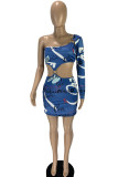 Blue Fashion Sexy Print Hollowed Out Backless One Shoulder Long Sleeve Dresses