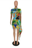 Green Fashion Casual Print Basic Zipper Collar Short Sleeve Dress
