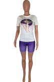 purple venetian Fashion Casual adult Ma'am Print Gradient Two Piece Suits pencil Short Sleeve Two Pieces