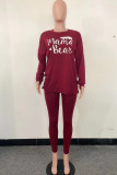 Wine Red Celebrities Two Piece Suits Print pencil Long Sleeve Two-piece Pants Set