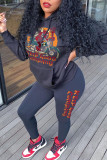 Black Fashion Casual Print Basic Hooded Collar Long Sleeve Two Pieces