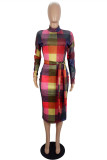 Colour Fashion Casual Plaid Print With Belt Half A Turtleneck Long Sleeve Dresses