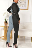 Grey Fashion Sexy Adult Patchwork Solid Patchwork Turndown Collar Skinny Jumpsuits