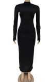 Red Fashion Sexy Adult Polyester Solid Backless O Neck Long Sleeve Ankle Length Pencil Skirt Dresses