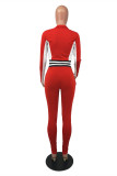 Red Casual Sportswear Patchwork Basic Zipper Collar Long Sleeve Two Pieces