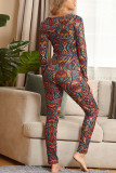 multicolor Sexy Living Polyester Knitting National Totem Print Buttons U Neck Skinny Jumpsuits