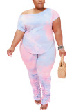 Blue Polyester Fashion Casual adult Ma'am O Neck Tie Dye Two Piece Suits Plus Size