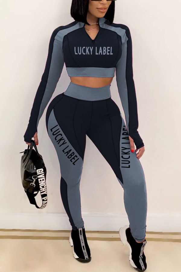 Black Fashion Casual Letter Print Patchwork V Neck Long Sleeve Two Pieces