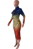 Red OL Cap Sleeve Long Sleeves half high collar Step Skirt Knee-Length Leopard Print