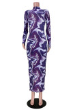Purple Casual Print Half A Turtleneck Wrapped Skirt Dresses
