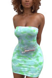Green Milk. Fashion Sexy adult Ma'am Green Pink Light Blue Light Purple Off The Shoulder Sleeveless Wrapped chest Step Skirt skirt Print Tie and dye Dresses
