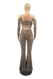 Brown Fashion Sexy Print Hollowed Out Strapless Long Sleeve Two Pieces