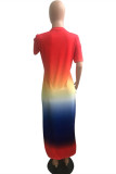 Red Sexy Casual Gradual Change Letter Print Slit O Neck Short Sleeve Dress