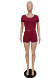 Wine Red Cotton Casual Patchwork Solid backless crop top Straight Short Sleeve Two Pieces