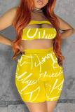Yellow Street Print Hollowed Out Strapless Sleeveless Two Pieces