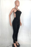 Black Fashion Casual Solid Draped Polyester Sleeveless Slip Jumpsuits