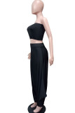Black Polyester Fashion Sexy adult Ma'am Solid Two Piece Suits Harlan pants Sleeveless Two Pieces
