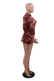 Brown Sexy Heap sleeves Long Sleeves O neck Pencil Dress skirt Print Dresses