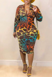 Colour Sexy Print Fold V Neck Wrapped Skirt Dresses