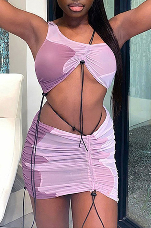 Purple Fashion Sexy Print Draw String See-through Oblique Collar Sleeveless Two Pieces