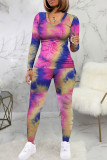 Pink Fashion Sexy Adult Polyester Print Tie-dye O Neck Long Sleeve Regular Sleeve Regular Two Pieces