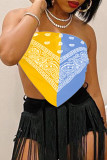 Powder Blue Fashion Sexy Patchwork Print Backless Strapless Tops
