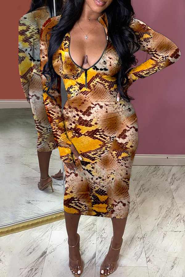 Yellow Sexy Print V Neck Pencil Skirt Dresses
