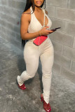White Fashion Sexy Solid Backless Halter Skinny Jumpsuits