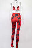 Red Sexy Animal Print Patchwork Spaghetti Strap Sleeveless Two Pieces