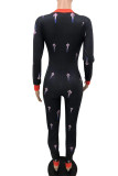 Black Street Print O Neck Skinny Jumpsuits