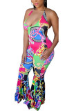 Multi-color Fashion street Print Backless Sleeveless V Neck Jumpsuits