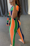 Colour Fashion Casual Striped Print Frenulum O Neck Short Sleeve Two Pieces