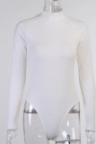 White British Style Solid Split Joint O Neck Mid Waist Tops