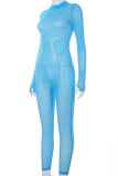 Blue Fashion Solid Patchwork O Neck Regular Jumpsuits