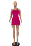 Rose Red Fashion Sexy Solid Backless One Shoulder Sleeveless Dress