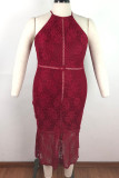 Wine Red Lace England Slip lace Solid Lace Trim Plus Size Dresses