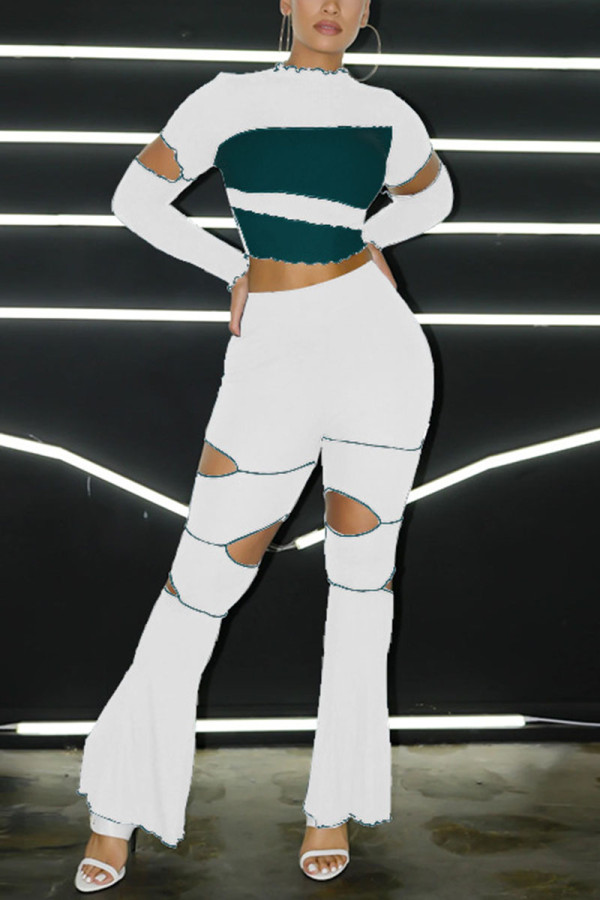 White Sexy Geometric Hollowed Out Patchwork O Neck Long Sleeve Two Pieces