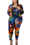 Multi-color Polyester Fashion Sexy adult O Neck Patchwork Print Two Piece Suits Stitching Plus Size