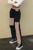 Blue Street Solid Patchwork High Waist Regular Denim