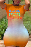 Black Fashion adult OL Black Orange Cap Sleeve Short Sleeves O neck cake dress Mini Print Patchwork Character Ombre Dresses