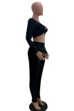 Grey Casual Solid Split Joint V Neck Long Sleeve Two Pieces