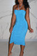 Sky Blue Sexy Europe and America Off The Shoulder Sleeveless O neck A-Line Mid-Calf Solid Dresses