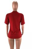 Red Cotton O Neck Short Sleeve Patchwork Print Animal Prints Tees & T-shirts