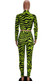 Green venetian Casual Two Piece Suits Zebra pattern Print pencil Long Sleeve Two-piece Pants Set