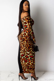 Black Polyester OL Off The Shoulder Long Sleeves One word collar Step Skirt Ankle-Length Leopard