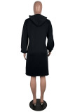 Black Casual Polyester Solid Hooded Collar Long Sleeve Knee Length Cake Skirt Dresses
