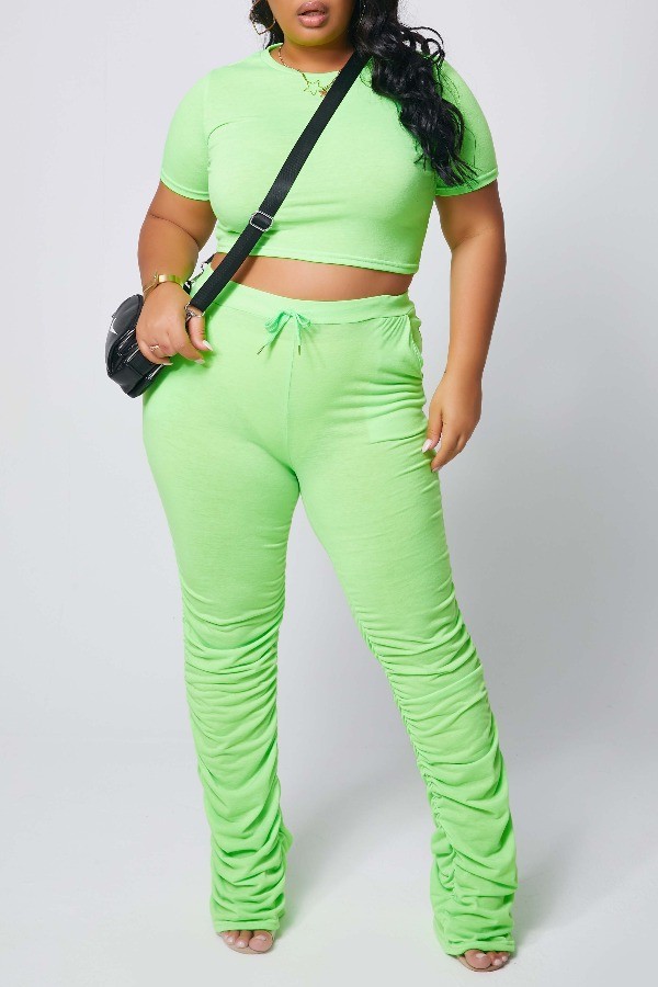 Fluorescent green Polyester Fashion Sexy adult Ma'am O Neck Solid Draped Two Piece Suits Draped Plus Size